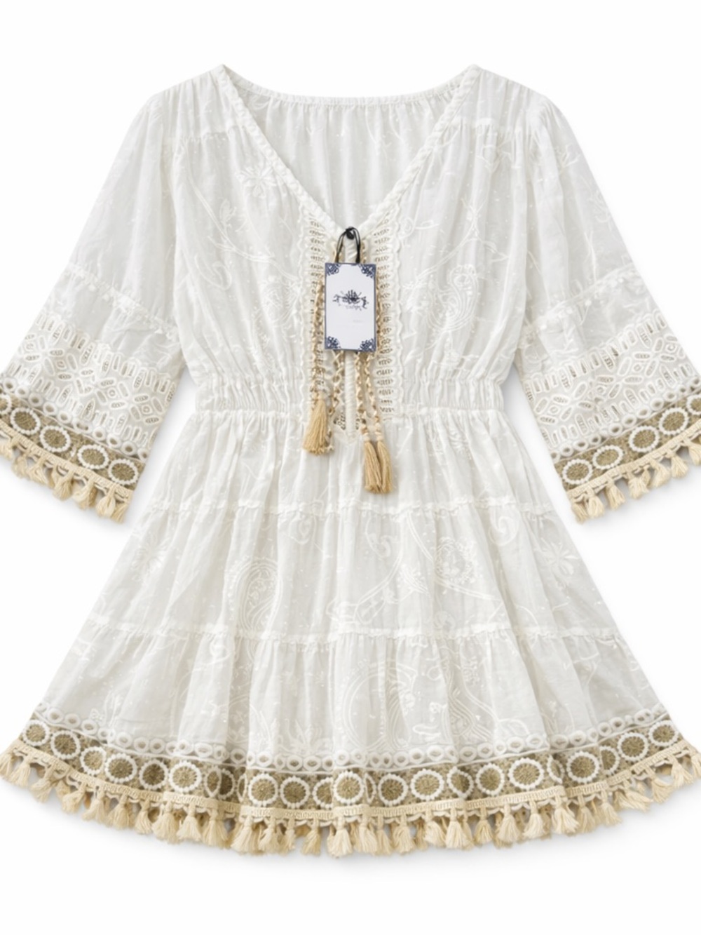 Tempo Paris White Embroidered Tassel Tunic with Beige Trim